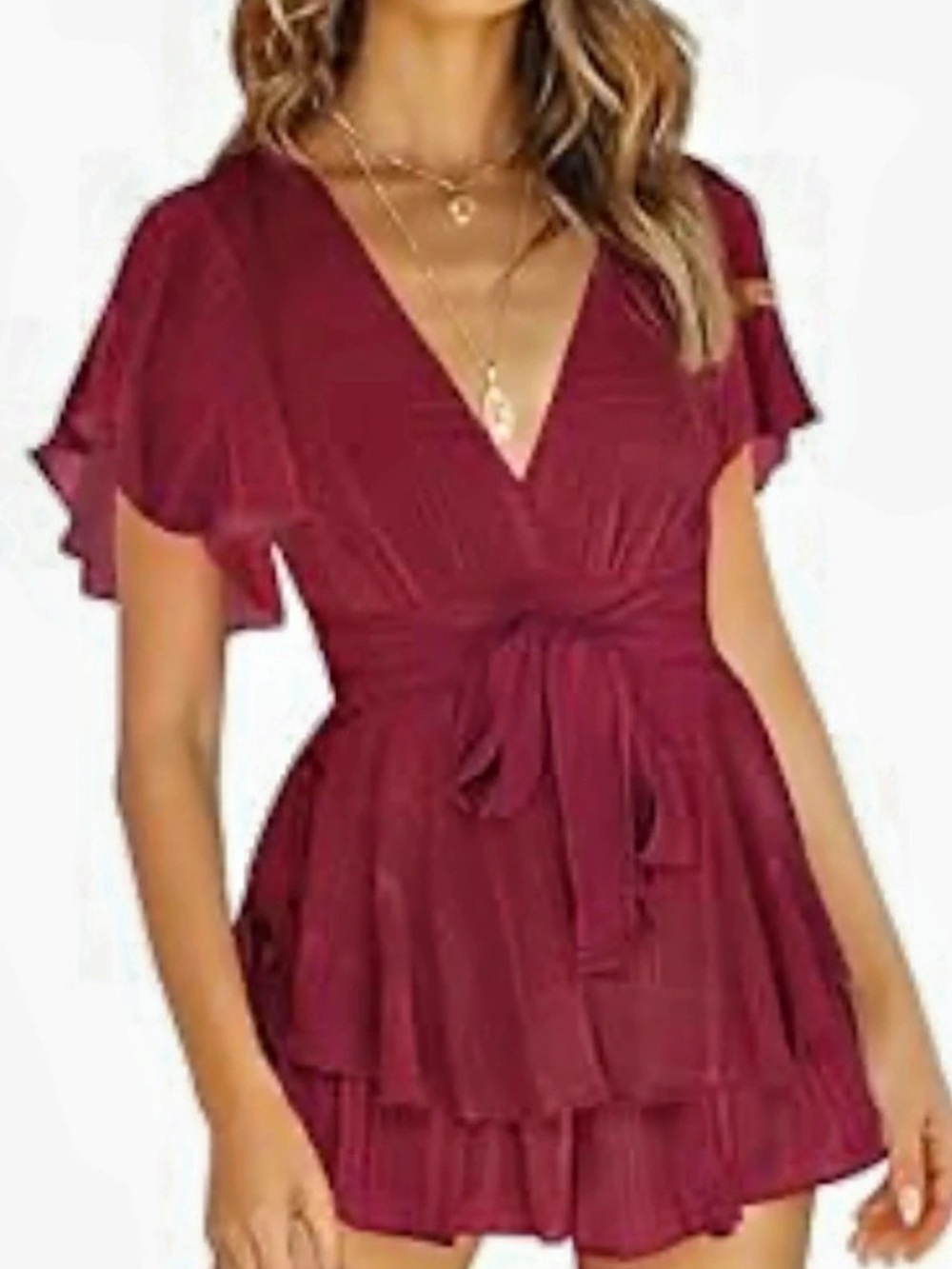 AIMCOO Women’s Burgundy Romper – Deep V-Neck, Ruffle Sleeves, Tie Waist & Shorts